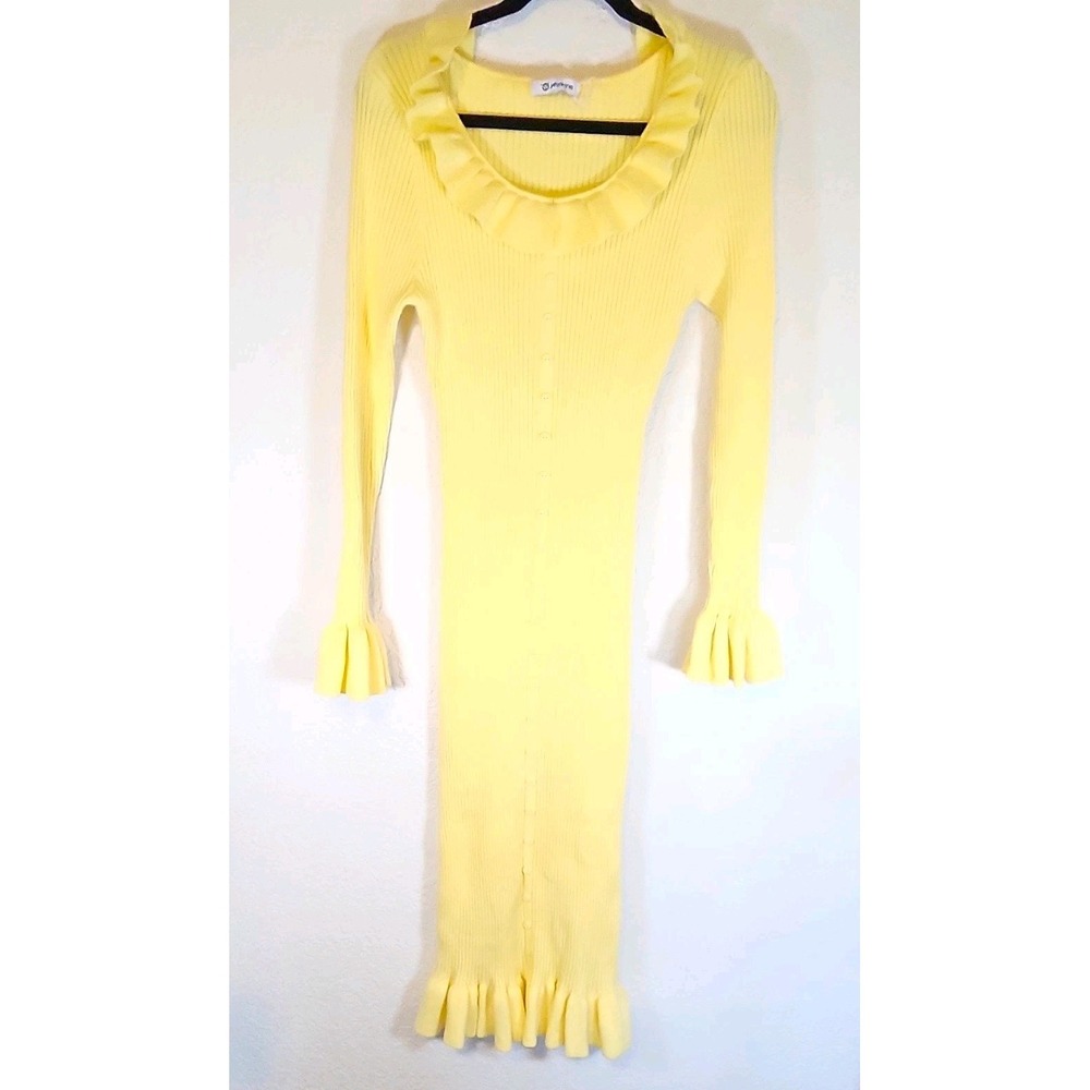 Wenrine Yellow Ribbed Knit Sweater Dress Button Front Ruffle Midi L/S Size L